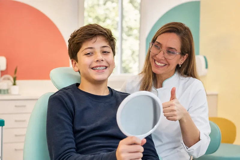 Dra. Julieta Ruiz junto a un niño sonriente que muestra sus brackets de colores