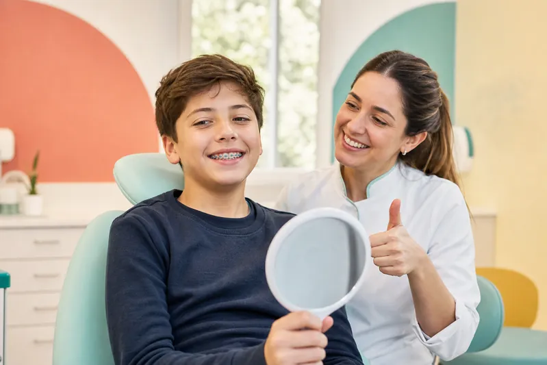 Niño con brackets de colores